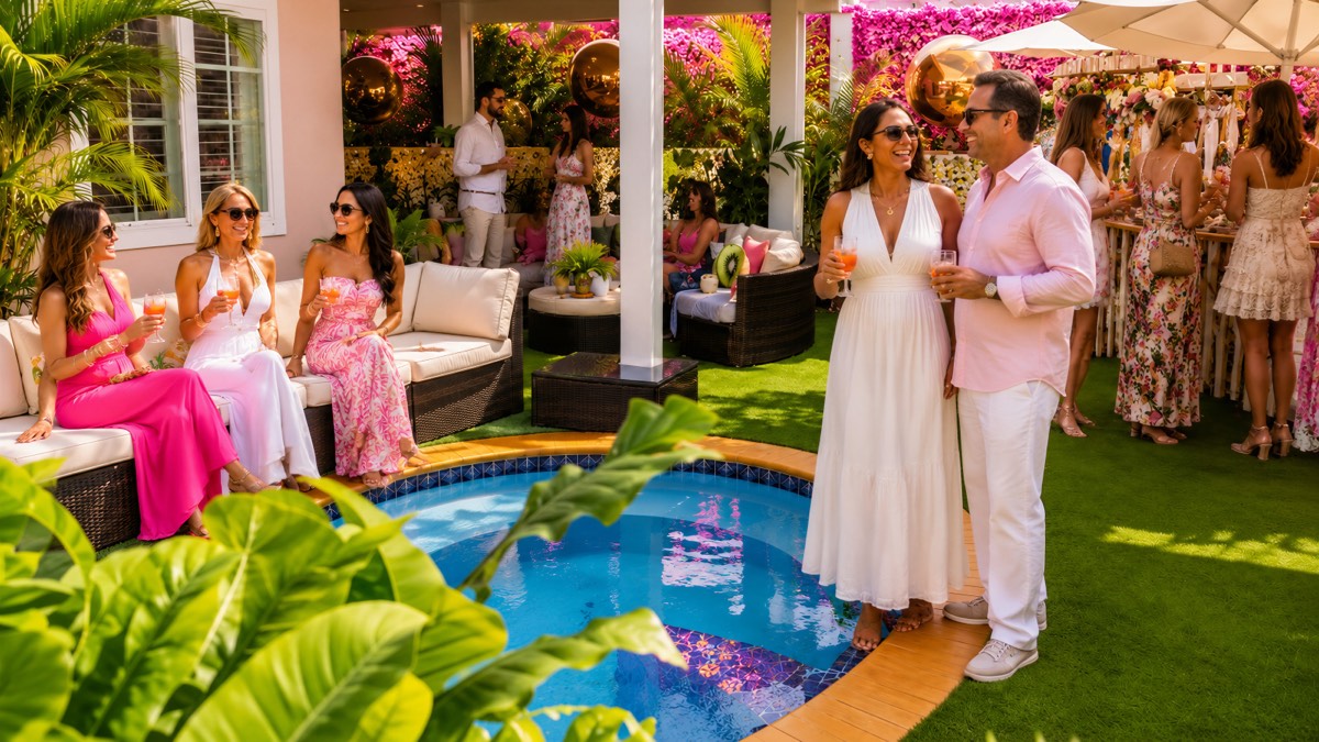 Guests gathered by the pool