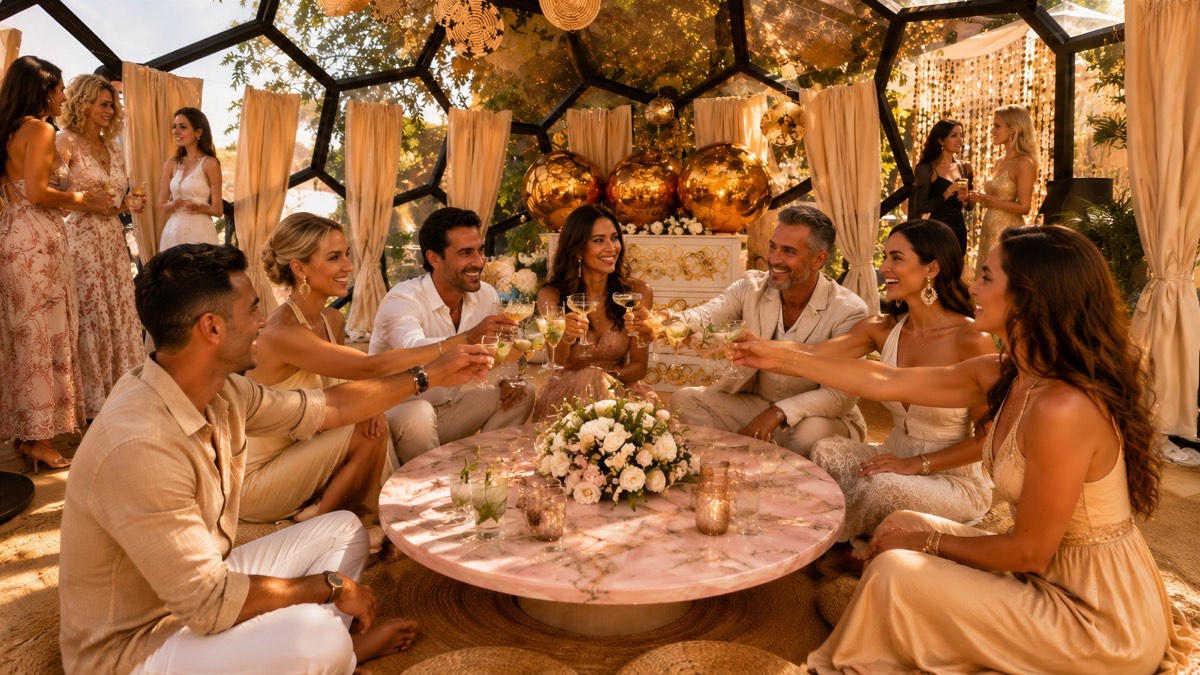Guests toasting around a table