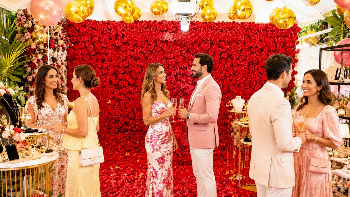 Guests mingling with champagne in front of the rose wall